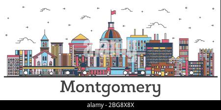 Contorno Montgomery Alabama City Skyline con edifici a colori isolati su bianco. Illustrazione vettoriale. Montgomery USA paesaggio urbano con punti di riferimento. Illustrazione Vettoriale