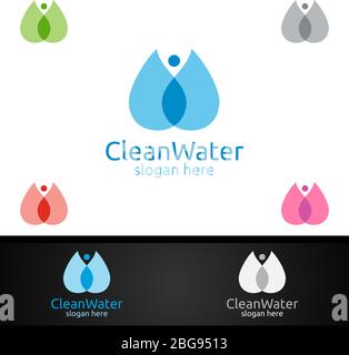 Logo verde di goccia di acqua con concetto di cura della salute per la pulizia, bevendo, trattamento, nutrizione, o idoneità Illustrazione Vettoriale
