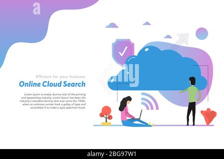 Modello di intestazione Web per la ricerca nel cloud in formato flat Illustrazione Vettoriale