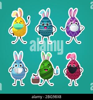 set uova decorate con orecchie di coniglio in maschere mediche felice pasqua primavera vacanza coronavirus pandemic quarantena concetto adesivi collezione vettore illustrazione Illustrazione Vettoriale
