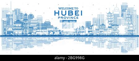 Benvenuti nella provincia di Hubei in Cina. Contorno dello skyline della città con edifici blu e riflessione. Illustrazione vettoriale. Illustrazione Vettoriale