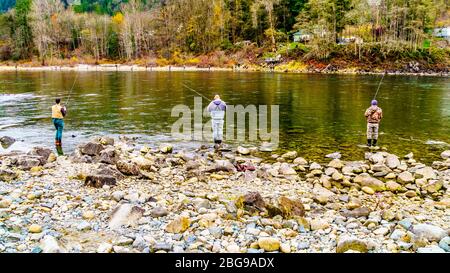 Pesca sul fiume Stave durante la Salmon Run a Hayward Lake, lungo il torrente della diga Ruskin vicino a Mission, British Columbia, Canada Foto Stock