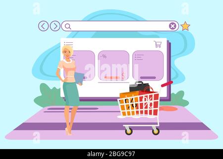 Elegante donna d'affari con un notebook e carrello pieno sulla grande carta di credito e sfondo come sfondo del browser web. Concetto di shopping online Illustrazione Vettoriale
