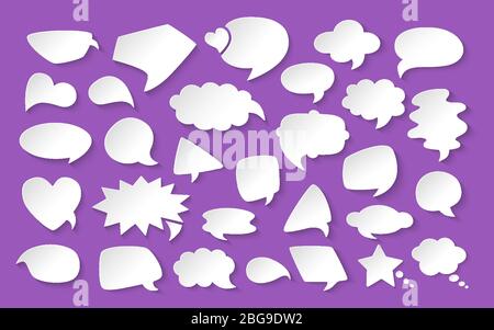 Bianco vuoto carta vuoto fumetti fumetti set. Elementi di disegno con ombre finestra di dialogo nubi icona. Discorso pensiero blob fumetti, palloncino chat banner. Applicazioni e sito Web vuoti. Illustrazione vettoriale Illustrazione Vettoriale