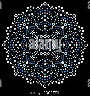 Mandala Aboriginal dot painting tribal vettore design, decorativo stile boho australiano dot art modello in bianco e blu su nero Illustrazione Vettoriale