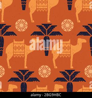 Marrone disegno senza giunture di simboli, punti di riferimento e segni dell'Egitto da icone in uno stile lineare Illustrazione Vettoriale