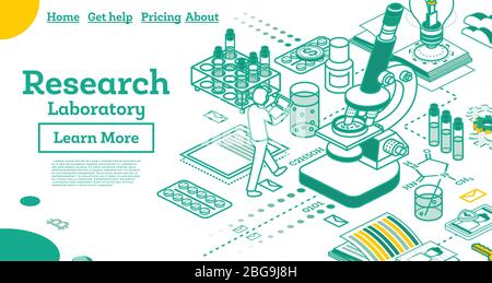 Schema del laboratorio di ricerca isometrica. Analisi batteriologica. Illustrazione vettoriale. Landing page con scienziato, provette e microscopio. Illustrazione Vettoriale