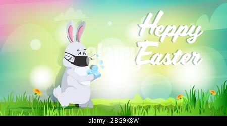 coniglio in maschera lavando le mani per prevenire covid-19 virus felice pasqua primavera vacanza coronavirus pandemic concetto paesaggio sfondo carino bunny orizzontale biglietto di auguri letterare vettore illustrazione Illustrazione Vettoriale