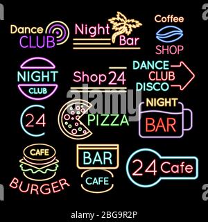 Bar, discoteca caffè neon insegne isolate su sfondo nero. Cartello al neon per bar o bar, luminoso banner illuminato, illustrazione vettoriale Illustrazione Vettoriale