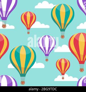 Palloncini ad aria calda Cartoon in vettore cielo blu modello senza cuciture per il concetto di viaggio aereo. Illustrazione del modello a righe di palloncino ad aria Illustrazione Vettoriale