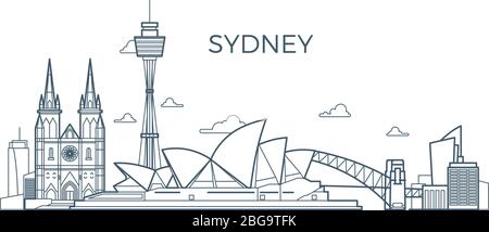 Skyline della città di Sydney con edifici e luoghi di interesse architettonico. Australia, punto di riferimento del vettore di viaggio mondiale. Architettura skyline illustrazione della città di sydney Illustrazione Vettoriale