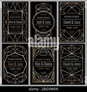 Carte di invito di nozze di classe con il set di vettoriali con cornici geometriche dorate diamantate. Invito per la carta di matrimonio in un'illustrazione di lusso vintage Illustrazione Vettoriale