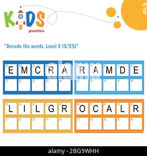 Decodificare le parole di 5 lettere. Esercitazione su fogli di lavoro per bambini di scuola media, elementare e prescolare. Foglio attività puzzle logica divertente. Illustrazione Vettoriale