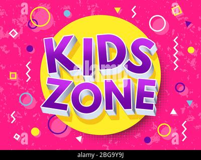 Iscrizione cartoni animati della zona bambini. Concetto vettoriale per bambini. Area giochi e banner per bambini, illustrazione Illustrazione Vettoriale