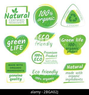 Sano eco vegetariano alimenti organici vettore loghi e prodotti adesivi. Biosticker verde e emblema illusione Illustrazione Vettoriale