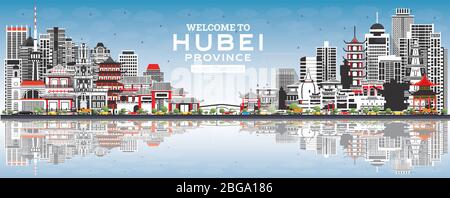 Benvenuti nella provincia di Hubei in Cina. Skyline della città con edifici grigi e Blue Sky. Illustrazione vettoriale. Concetto di turismo con architettura storica. Illustrazione Vettoriale