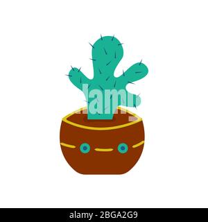 Cactus verde in una pentola su sfondo bianco. Una pianta carina con aghi ricci. Fiore domestico. Illustrazione colorata e brillante Illustrazione Vettoriale
