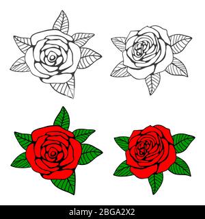 Pagina di colorazione delle rose disegnate a mano con campioni luminosi. Illustrazione vettoriale Illustrazione Vettoriale