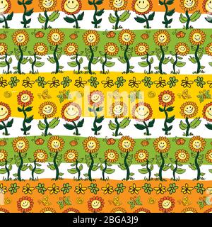 Girasoli colorati cartoni animati Vector giallo con motivi a righe senza cuciture. Adatto per carta da parati, carta da parati e tessuti. Illustrazione Vettoriale