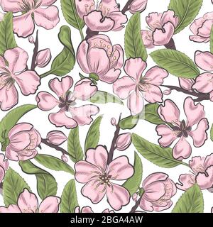 Fiore floreale rosa di mandorle isolato motivo senza giunture. Primavera fiori rosa fiorente su sfondo bianco motivo infinito. Illustrazione Vettoriale