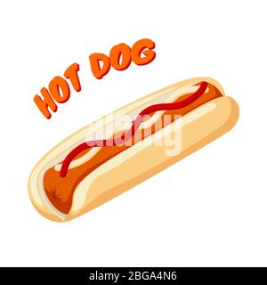 Hot Dog con ketchup di salsiccia di pane e senape. Banner fast food. Illustrazione vettoriale isolata su bianco Illustrazione Vettoriale