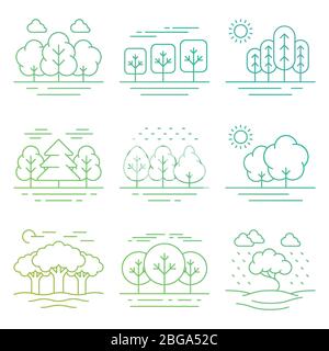 Natura luminosa foresta paesaggio sottile icone isolate su bianco. Ambiente albero lineare, contorno foresta e parco verde, illustrazione vettoriale Illustrazione Vettoriale