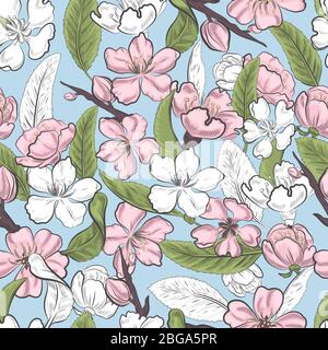 Fiore floreale rosa di mandorle isolato motivo senza giunture. Primavera fiori rosa fiorente su sfondo blu motivo infinito. Illustrazione Vettoriale