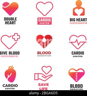 Loghi medici vettoriali per cardiologia e donazione di sangue. Emblemi internazionali del cuore. Logo medico del sangue con illustrazione a cuore rosso Illustrazione Vettoriale