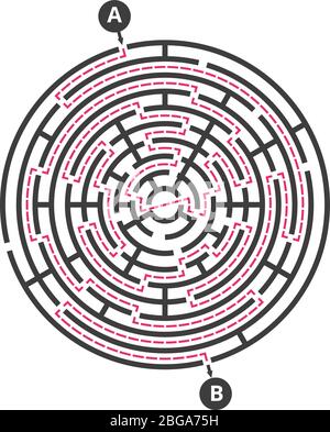 Gioco per bambini con labirinto rotondo. Modello vettoriale labirinto puzzle. Illustrazione del gioco a labirinto rotondo, labirinto preschool Illustrazione Vettoriale