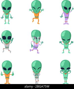 Divertente cartoon aliens vettore verde caratteri umanoidi. Personaggio umanoide e alieno, monster amichevole marziano illustrazione Illustrazione Vettoriale