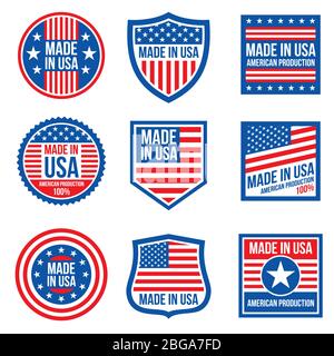 Badge vettoriali vintage made in the usa. Icone patriottiche americane. Illustrazione dell'etichetta prodotta in america Illustrazione Vettoriale