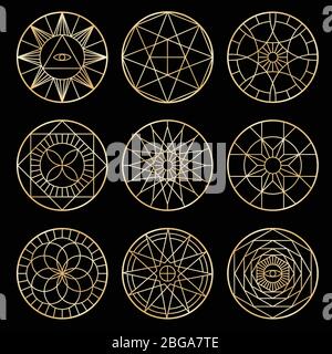 Pentagrammi geometrici esoterici. Simboli spirituali sacri mistici vettoriali. Pentagramma esoterico illustrazione geometrica sacra in stile di ine Illustrazione Vettoriale