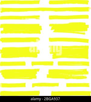 Linee tracciate a mano con evidenziatore giallo. Tratti di evidenziatore isolati su un set di vettori di sfondo bianco. Illustrazione del disegno dell'evidenziatore Illustrazione Vettoriale
