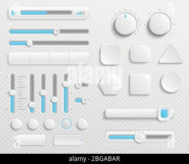 Pulsanti Web bianchi e cursori ui impostati come vettore isolati su sfondo trasparente. Interfaccia per la navigazione sul Web e interfaccia utente per l'illustrazione del controllo di video e musica Illustrazione Vettoriale
