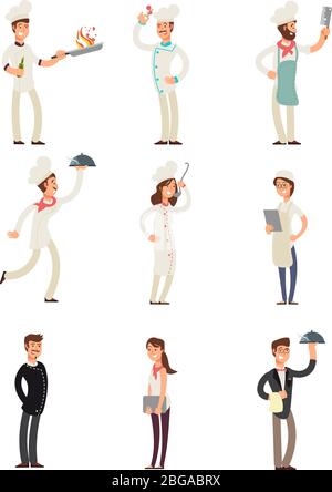 Chef professionisti e personale del ristorante. Insieme di personaggi cartoni animati di cuochi felici e cameriere. Illustrazione del carattere del cameriere e dello chef Illustrazione Vettoriale