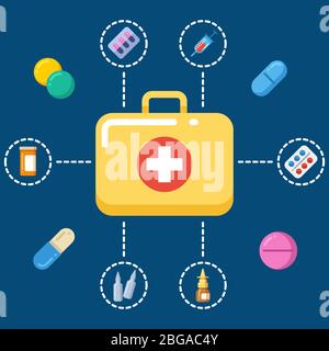 Kit di pronto soccorso Concept - set icone medicinali. Simbolo del farmaco, illustrazione vettoriale Illustrazione Vettoriale