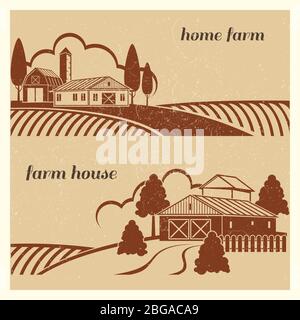 Paesaggio di campagna d'epoca con scena agricola - grunge case fattoria emblema design. Illustrazione vettoriale Illustrazione Vettoriale