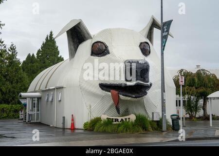 Big Dog e pecore edifici in ferro ondulato che ospitano il Centro visitatori e Negozio di lana, Tirau, Isola del Nord, Nuova Zelanda Foto Stock