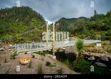 Ponte pedonale sospeso sul fiume Ohinemuri, gola di Karangahake, Waikino, Isola del Nord Nuova Zelanda Foto Stock