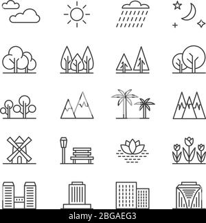 Natura paesaggio linea elementi vettoriali e case. Contorno alberi e montagne icone. Edificio cittadino e illustrazione del profilo di un albero verde Illustrazione Vettoriale