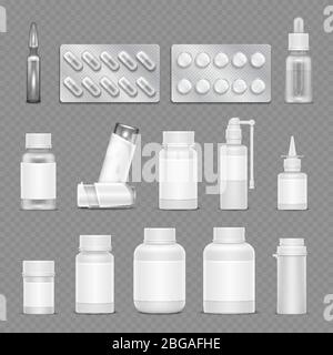 Bianco medicinale confezionamento farmaceutico mockup vettoriali isolati su fondo trasparente. Illustrazione del contenitore farmaceutico e della compressa Illustrazione Vettoriale