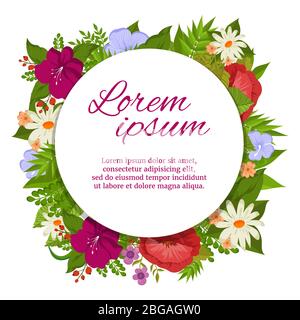 Colorato flourish banner rotondo design per matrimoni pubblicità cartoline. Banner con fiore e foglia verde illustrazione Illustrazione Vettoriale