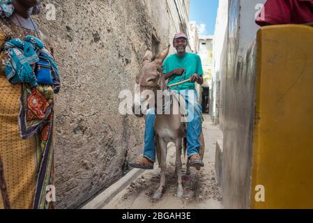 Lamu, Kenya - 15 dicembre 2016: Persone con persona a cavallo asino nei vicoli stretti della città di Lamu Foto Stock