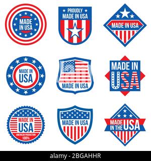 Prodotto negli usa con etichette vettoriali. Adesivi per la produzione americana. Etichetta adesiva USA, illustrazione del logo americano Illustrazione Vettoriale