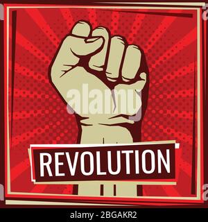 Revolution Fight poster vettoriale con mano lavoratore pugno sollevato. Illustrazione della rivoluzione di lavoratori, ribelli e proteste Illustrazione Vettoriale