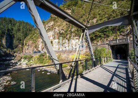 Ingresso al tunnel ferroviario di Karangahake sul percorso ferroviario di Hauraki, Isola del Nord, Nuova Zelanda Foto Stock