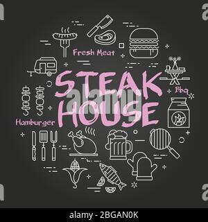 Banner vettoriale linea nera per picnic e grigliata barbecue party - steak party Illustrazione Vettoriale