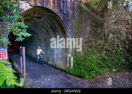 Ciclista che esce dal tunnel ferroviario di Karangahake sul percorso ferroviario di Hauraki, Isola del Nord, Nuova Zelanda Foto Stock