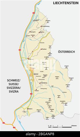 Carta stradale vettoriale Principato del Liechtenstein in lingua tedesca Illustrazione Vettoriale