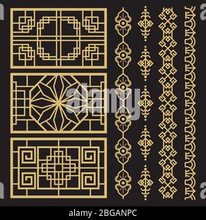 Decorazioni cinesi, tradizionali bordi e cornici coreani antichi. Tradizionale modello cinese e coreano. Illustrazione vettoriale Illustrazione Vettoriale